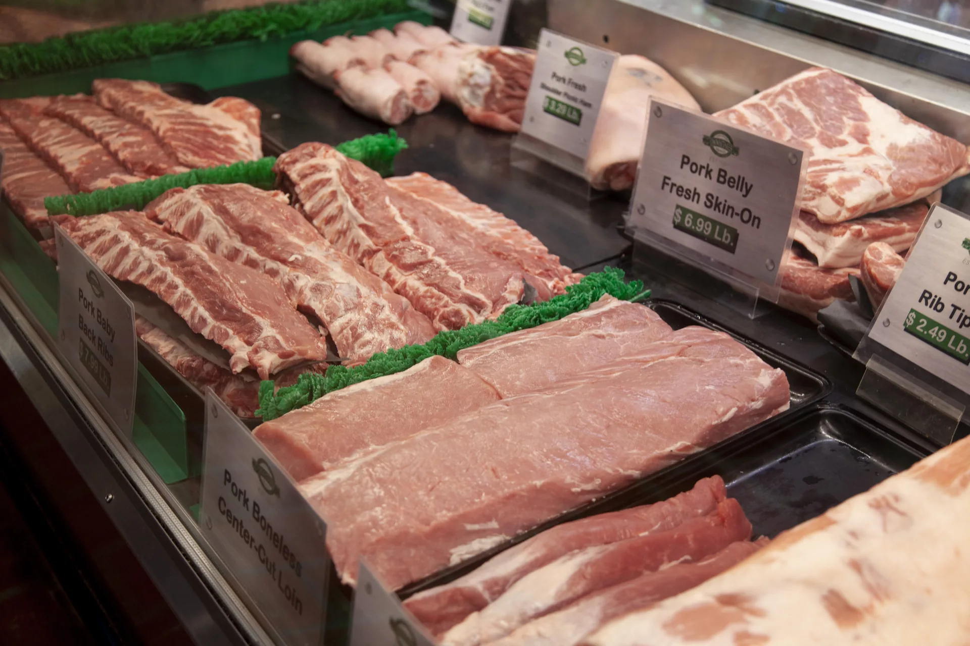 Fresh pork case at D.W. Whitaker Meats